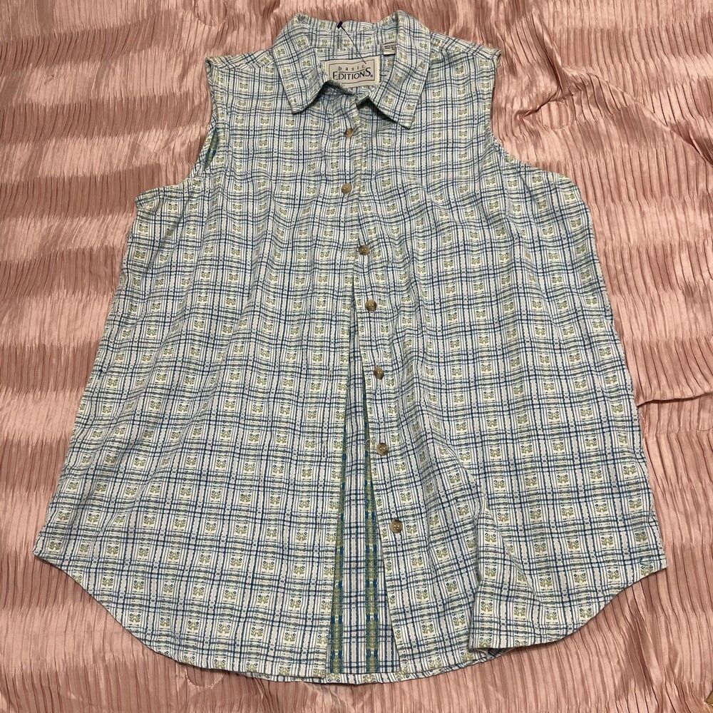 Vtg Basic Editions Women's Sleeveless Floral Button Up Blouse Size M 100% Cotton